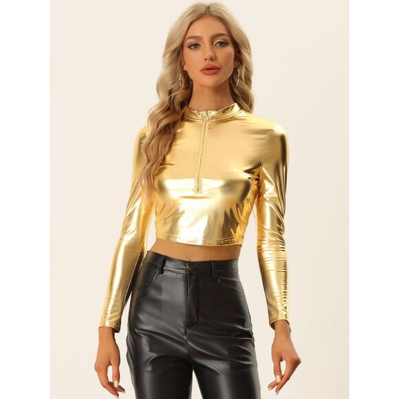 Metallic Crop Top Mock Neck Long Sleeve Zip Up Party Shiny Tops Gold - Picture 4 of 5